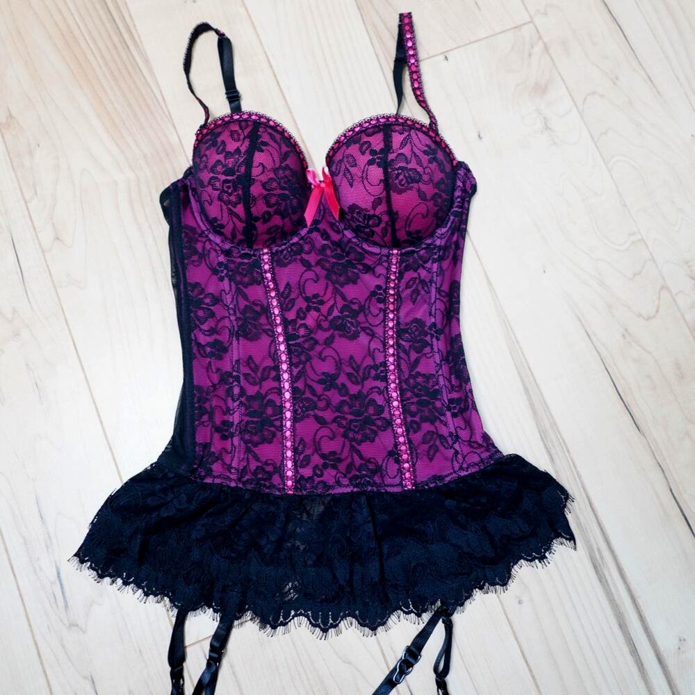 Baci Lace Bustier Babydoll Pink Black L